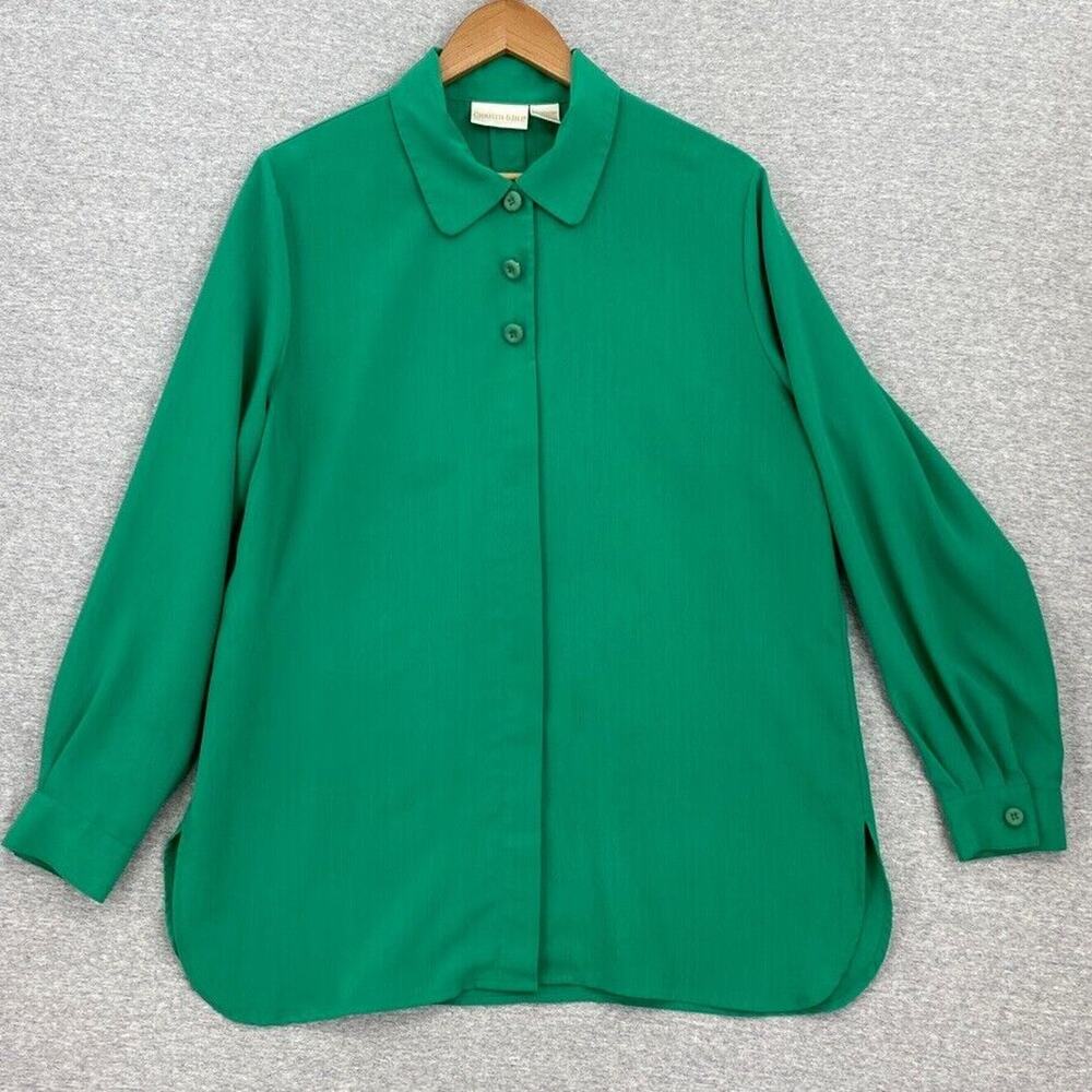 Christie & Jill Blouse Womens Large Green Button Up Long Sleeve Top Tunic Collar